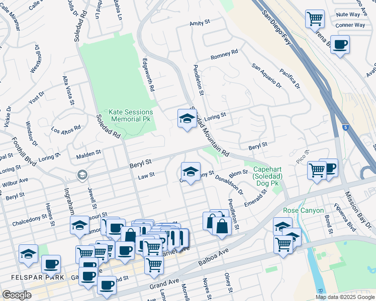 map of restaurants, bars, coffee shops, grocery stores, and more near 2150 Beryl Street in San Diego