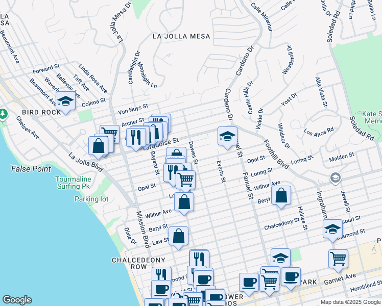 map of restaurants, bars, coffee shops, grocery stores, and more near in San Diego