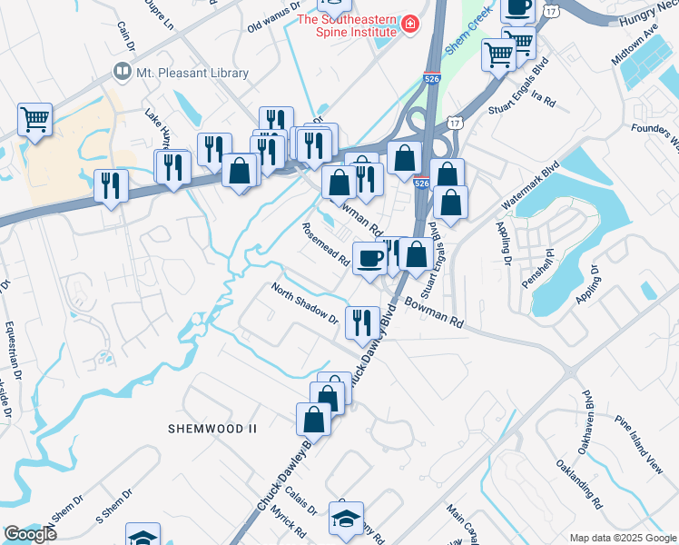 map of restaurants, bars, coffee shops, grocery stores, and more near 1134 Sharon Court in Mount Pleasant