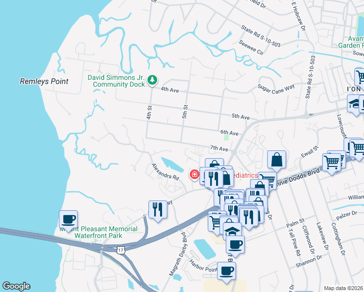 map of restaurants, bars, coffee shops, grocery stores, and more near 360 Spoonbill Lane in Mount Pleasant