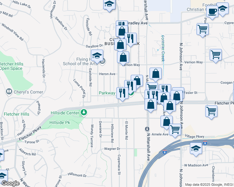 map of restaurants, bars, coffee shops, grocery stores, and more near 1308 Partridge Avenue in El Cajon