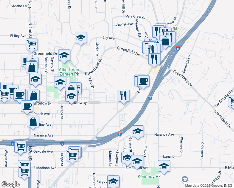 map of restaurants, bars, coffee shops, grocery stores, and more near 1580 Broadway in El Cajon