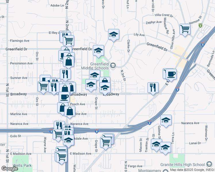 map of restaurants, bars, coffee shops, grocery stores, and more near 1440 Broadway in El Cajon