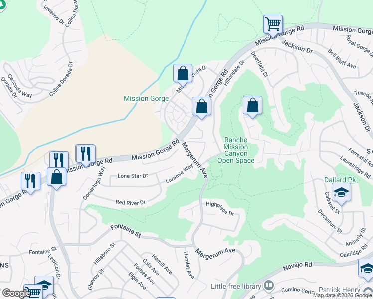 map of restaurants, bars, coffee shops, grocery stores, and more near 7760 Margerum Avenue in San Diego