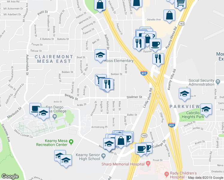 map of restaurants, bars, coffee shops, grocery stores, and more near 7536 Beagle Street in San Diego
