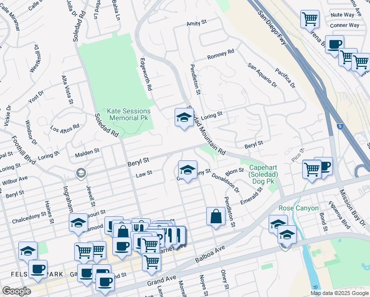 map of restaurants, bars, coffee shops, grocery stores, and more near 4877 Noyes Street in San Diego