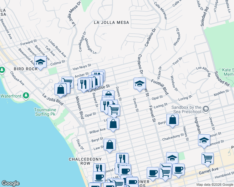 map of restaurants, bars, coffee shops, grocery stores, and more near 1068 1/2 Tourmaline Street in San Diego