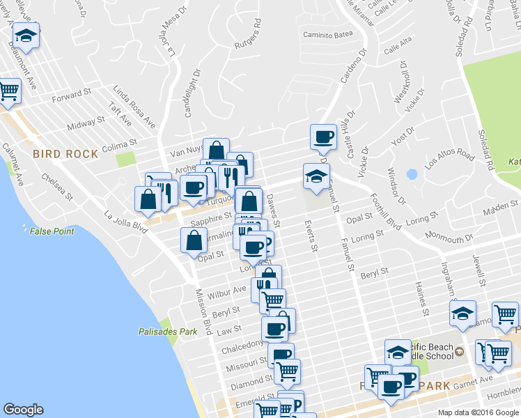map of restaurants, bars, coffee shops, grocery stores, and more near 1068 1/2 Tourmaline Street in San Diego