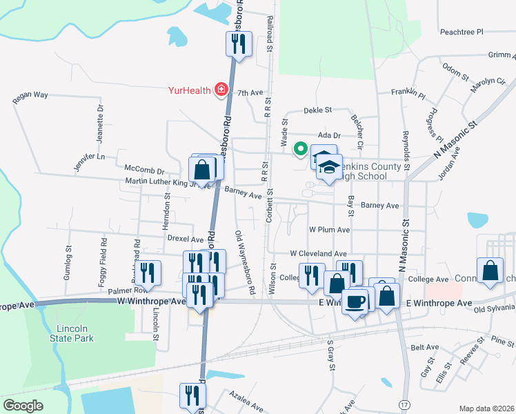 map of restaurants, bars, coffee shops, grocery stores, and more near 228 Academy Avenue in Millen