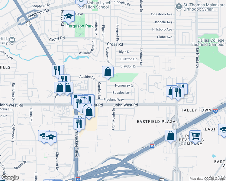map of restaurants, bars, coffee shops, grocery stores, and more near 2205 Freeland Way in Dallas