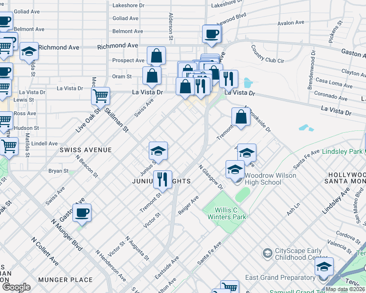map of restaurants, bars, coffee shops, grocery stores, and more near 517 North Glasgow Drive in Dallas