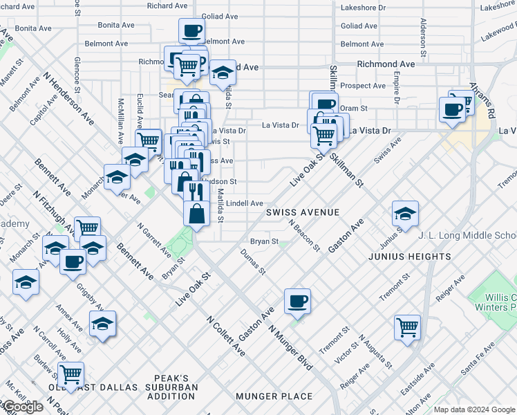 map of restaurants, bars, coffee shops, grocery stores, and more near 5505 Live Oak Street in Dallas
