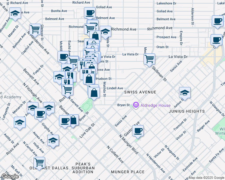 map of restaurants, bars, coffee shops, grocery stores, and more near 5707 Bryan Parkway in Dallas