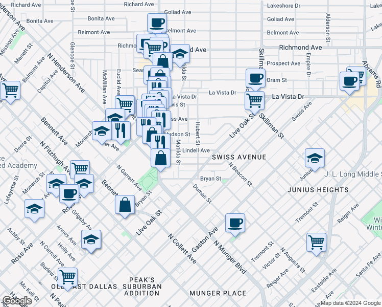 map of restaurants, bars, coffee shops, grocery stores, and more near 5707 Bryan Parkway in Dallas