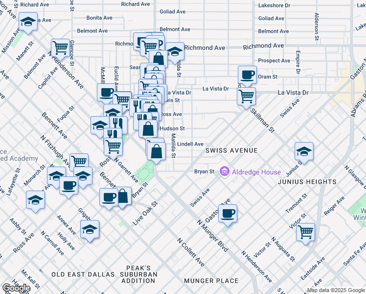 map of restaurants, bars, coffee shops, grocery stores, and more near 5707 Bryan Parkway in Dallas