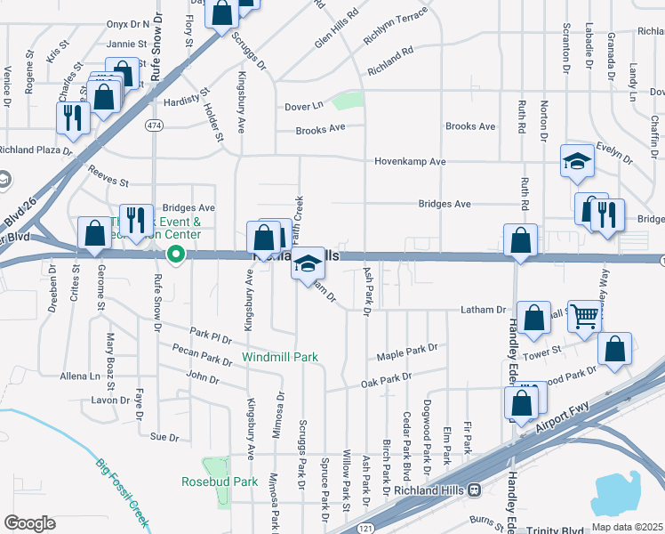 map of restaurants, bars, coffee shops, grocery stores, and more near 7100 Baker Boulevard in Richland Hills