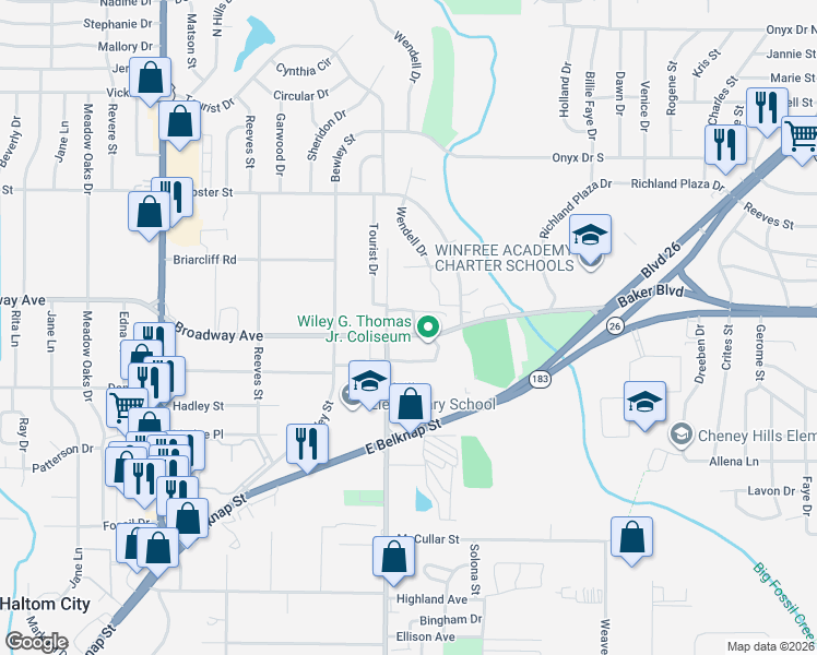 map of restaurants, bars, coffee shops, grocery stores, and more near 3208 Carson Street in Haltom City