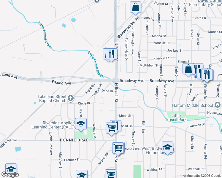 map of restaurants, bars, coffee shops, grocery stores, and more near 3804 Dana Drive in Fort Worth