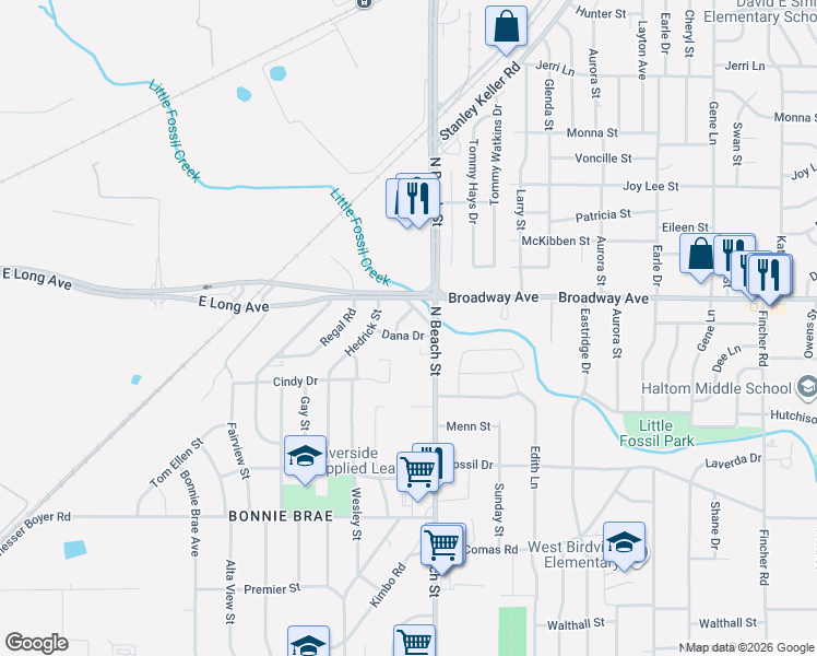 map of restaurants, bars, coffee shops, grocery stores, and more near 3804 Dana Drive in Fort Worth