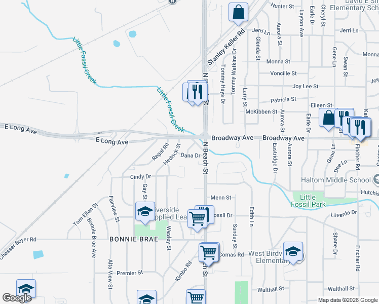 map of restaurants, bars, coffee shops, grocery stores, and more near 3804 Dana Drive in Fort Worth