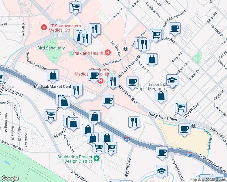 map of restaurants, bars, coffee shops, grocery stores, and more near 1936 Amelia Court in Dallas