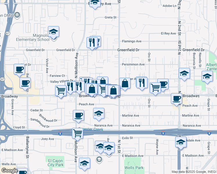 map of restaurants, bars, coffee shops, grocery stores, and more near 1057 Sumner Avenue in El Cajon