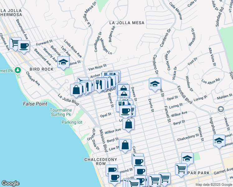 map of restaurants, bars, coffee shops, grocery stores, and more near 974 Sapphire Street in San Diego