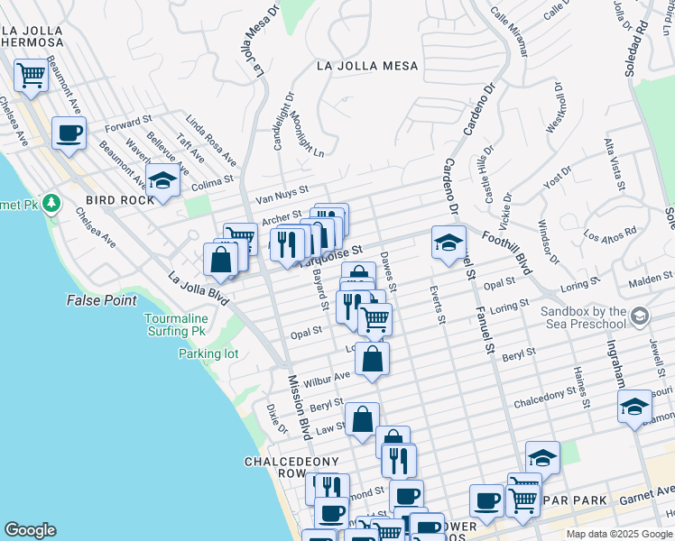 map of restaurants, bars, coffee shops, grocery stores, and more near 974 Sapphire Street in San Diego