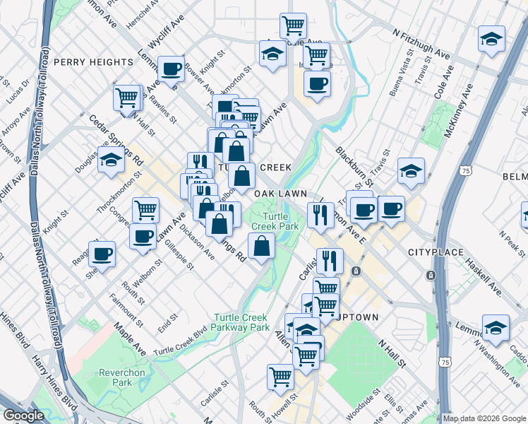 map of restaurants, bars, coffee shops, grocery stores, and more near 3333 Turtle Creek Boulevard in Dallas
