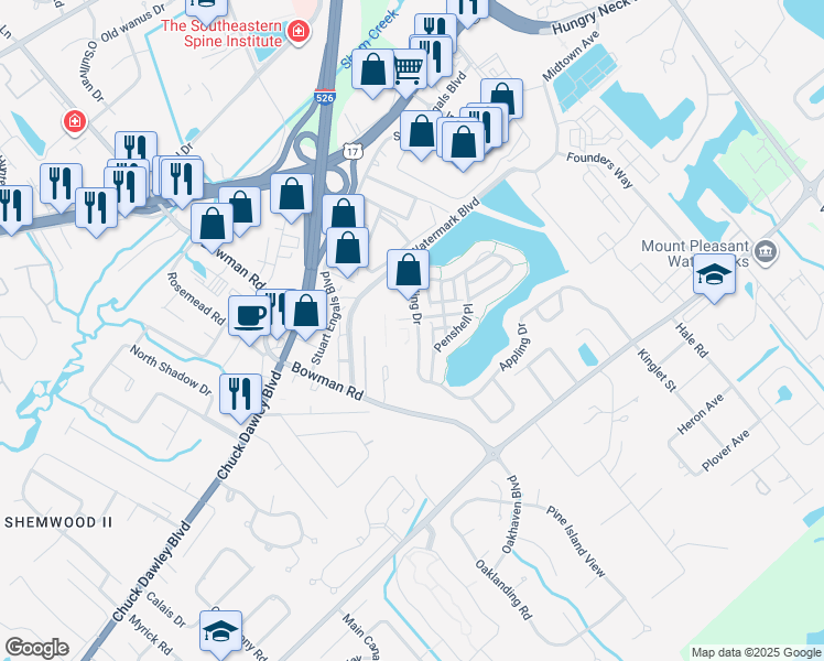 map of restaurants, bars, coffee shops, grocery stores, and more near 1260 Appling Drive in Mount Pleasant