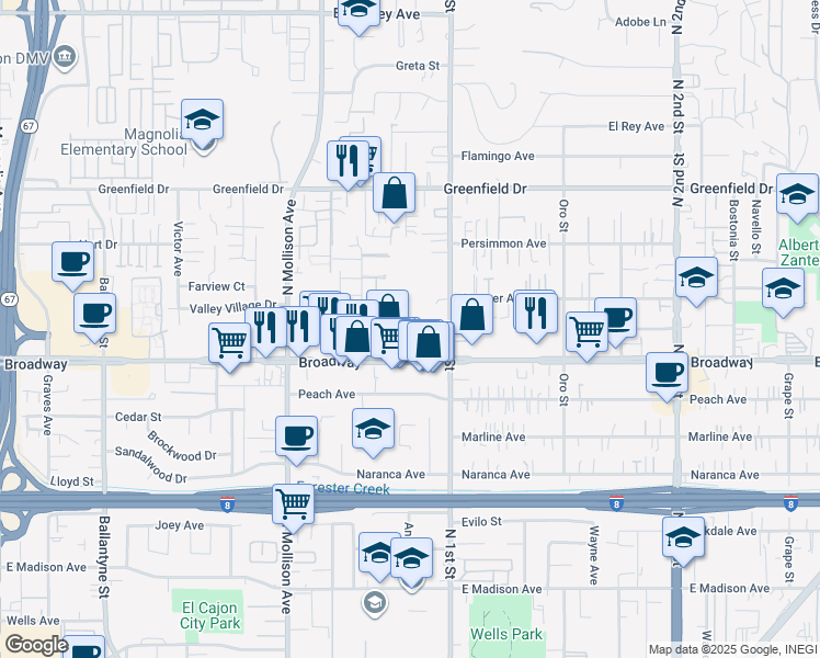 map of restaurants, bars, coffee shops, grocery stores, and more near 1057 Sumner Avenue in El Cajon