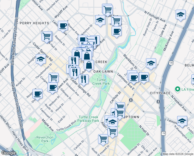 map of restaurants, bars, coffee shops, grocery stores, and more near 3333 Turtle Creek Boulevard in Dallas