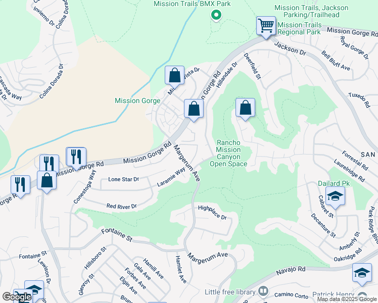 map of restaurants, bars, coffee shops, grocery stores, and more near 7707 Mission Gorge Road in San Diego