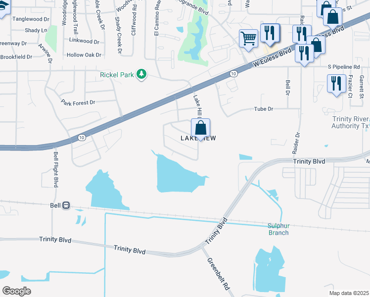 map of restaurants, bars, coffee shops, grocery stores, and more near 10420 Lake Brook Drive in Hurst