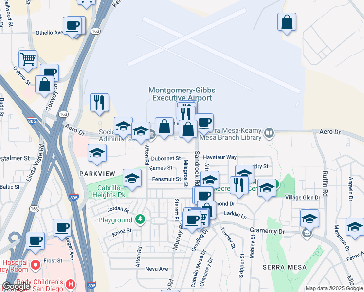 map of restaurants, bars, coffee shops, grocery stores, and more near 601 Aero Drive in San Diego