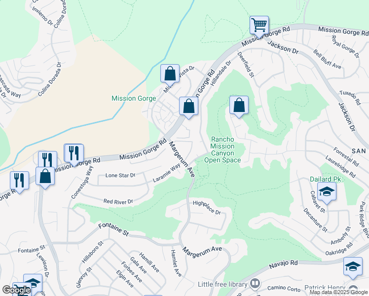map of restaurants, bars, coffee shops, grocery stores, and more near 7707 Mission Gorge Road in San Diego