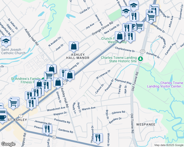 map of restaurants, bars, coffee shops, grocery stores, and more near 1527 Sam Rittenberg Boulevard in Charleston