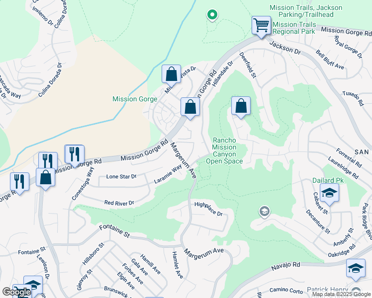 map of restaurants, bars, coffee shops, grocery stores, and more near 7707 Mission Gorge Road in San Diego