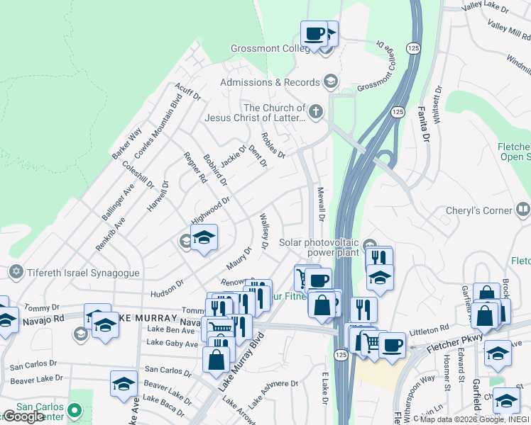 map of restaurants, bars, coffee shops, grocery stores, and more near 8653 Maryford Drive in San Diego