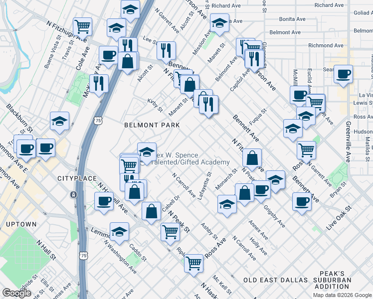 map of restaurants, bars, coffee shops, grocery stores, and more near 4627 Capitol Avenue in Dallas