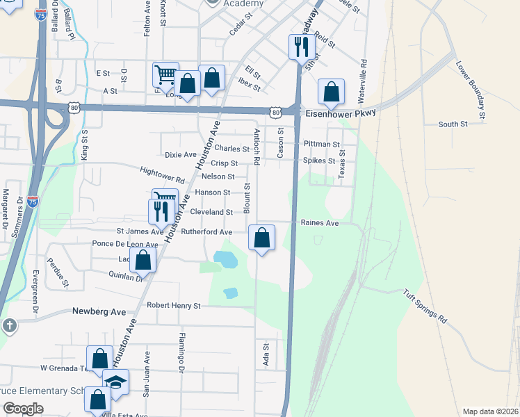 map of restaurants, bars, coffee shops, grocery stores, and more near 2806 Blount Street in Macon