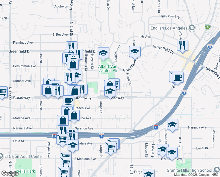 map of restaurants, bars, coffee shops, grocery stores, and more near 1050 Coleen Court in El Cajon