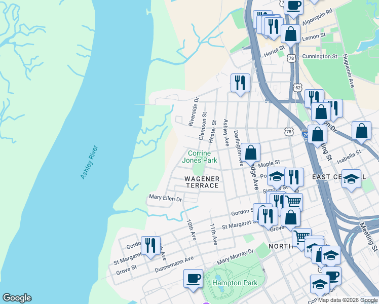 map of restaurants, bars, coffee shops, grocery stores, and more near 78 Devereaux Avenue in Charleston
