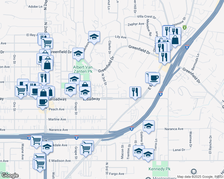 map of restaurants, bars, coffee shops, grocery stores, and more near 1510 Luke Lane in El Cajon