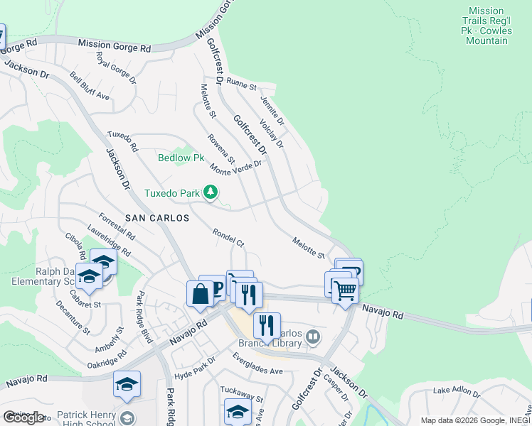 map of restaurants, bars, coffee shops, grocery stores, and more near 7406 Melotte Street in San Diego