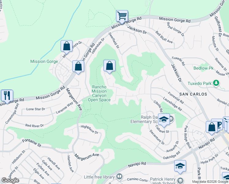 map of restaurants, bars, coffee shops, grocery stores, and more near 8370 High Winds Way in San Diego