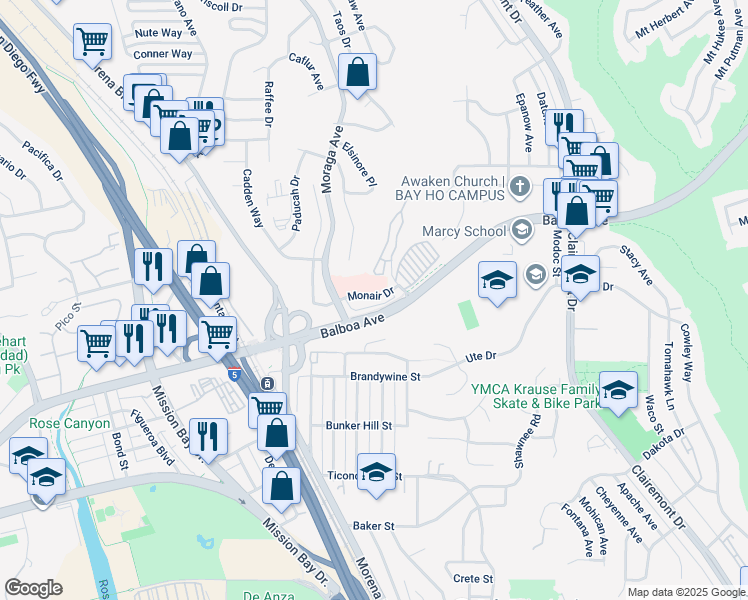 map of restaurants, bars, coffee shops, grocery stores, and more near 3737 Moraga Avenue in San Diego