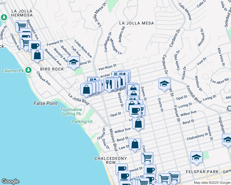 map of restaurants, bars, coffee shops, grocery stores, and more near 873 Agate Street in San Diego