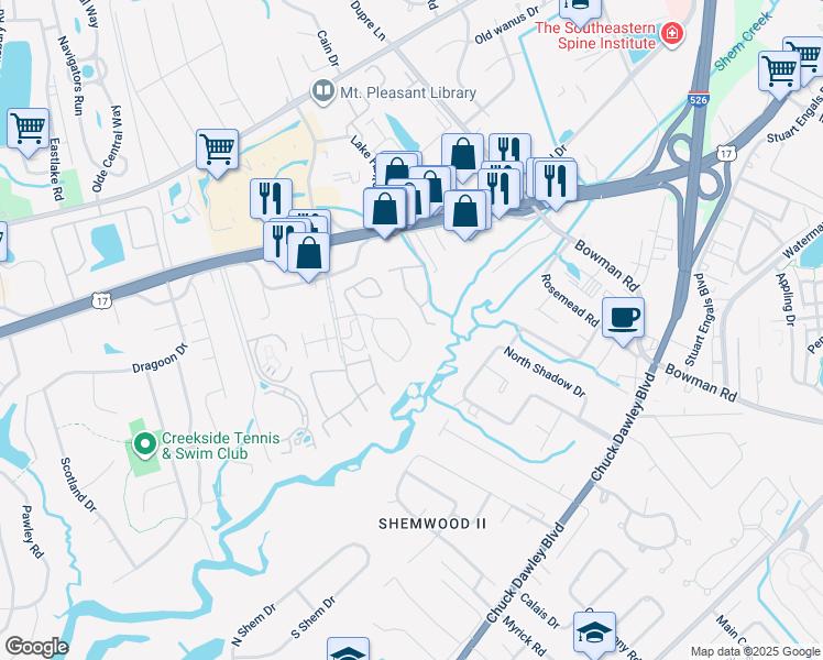 map of restaurants, bars, coffee shops, grocery stores, and more near 1192 Village Creek Lane in Mount Pleasant