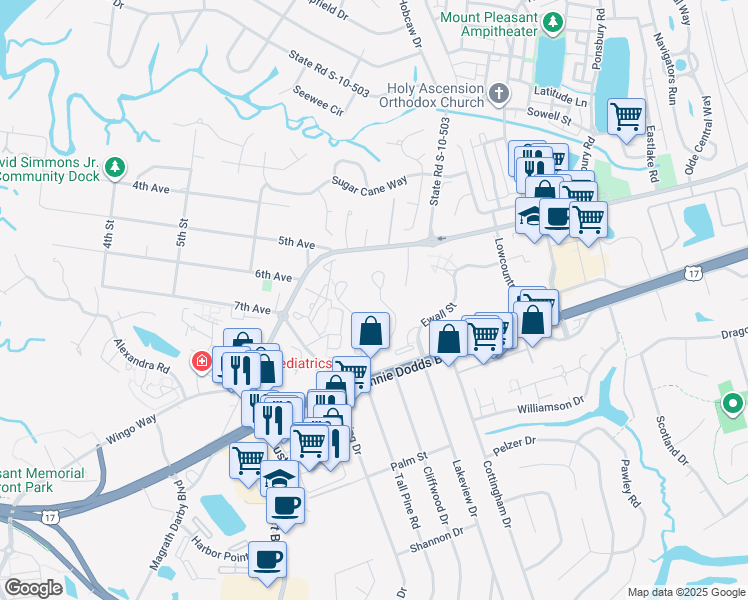 map of restaurants, bars, coffee shops, grocery stores, and more near 802 Runaway Bay Lane in Mount Pleasant